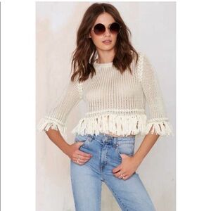 For Love And Lemons Knitz Cream Fringe Crop Top Sweater Size XS